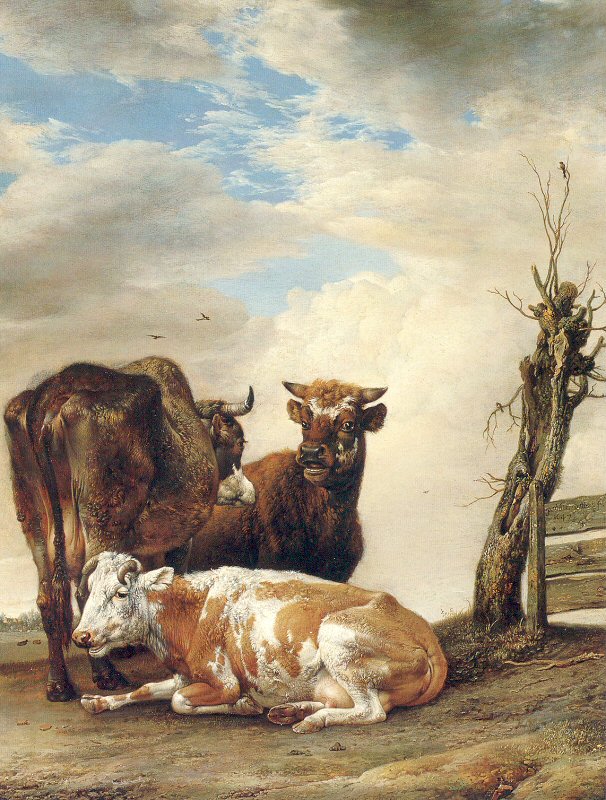 POTTER, Paulus Two Cows a Young Bull beside a Fence in a Meadow